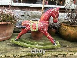 Antique Indian Red Rocking Horse, Decorative Wooden Rustic Vintage Ornament