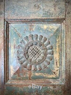 Antique Indian Shuttered Doors. Intricately Carved Teak. Vintage Rajasthan. Teal
