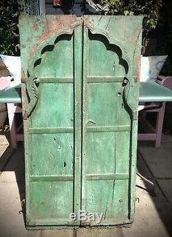 Antique Indian Shuttered Doors. Intricately Carved Teak. Vintage Rajasthan. Teal