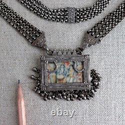 Antique Indian Solid Silver Amulet Necklace 40 Chain Vtg Rajasthani Tribal Gods