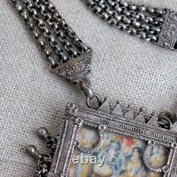 Antique Indian Solid Silver Amulet Necklace 40 Chain Vtg Rajasthani Tribal Gods