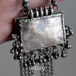 Antique Indian Solid Silver Amulet Necklace 40 Chain Vtg Rajasthani Tribal Gods