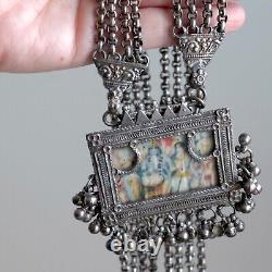 Antique Indian Solid Silver Amulet Necklace 40 Chain Vtg Rajasthani Tribal Gods