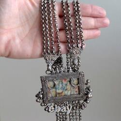 Antique Indian Solid Silver Amulet Necklace 40 Chain Vtg Rajasthani Tribal Gods