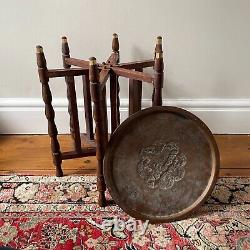 Antique Indian Table Fold Away Wooden Leg Copper Tray Plate Top Engraved
