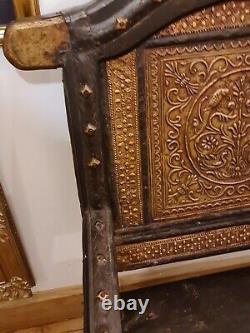Antique Indian Wooden Bench Embossed Metal Panels Ox Yoke Frame