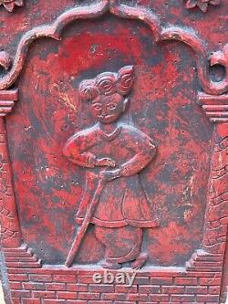 Antique Indian Wooden Relief Picture Deity Figure Flowers Hand Carving Vintage 2