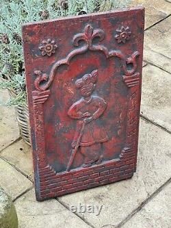 Antique Indian Wooden Relief Picture Deity Figure Flowers Hand Carving Vintage 2