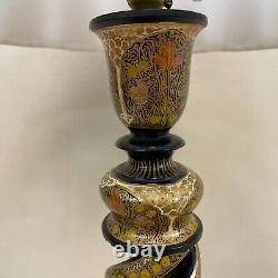 Antique Indian Wooden Side Lamp Light Vintage Wood Twisted Hand Painted Shade