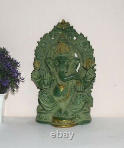 Antique Lord Ganesha Idol Brass Ganpati Green Statue Hinduism Gods of Luck EK929