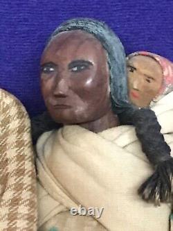 Antique Native American Indian Wooden Folkart Carving Man Woman Child Doll