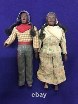 Antique Native American Indian Wooden Folkart Carving Man Woman Child Doll