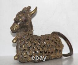 Antique Old Brass Rare Jali Cut Design Hand Carved Nandi Figurine, Statue 5631