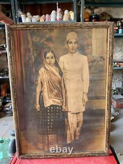 Antique Original Indian Man And Woman Black And White Tinted Photograph Framed
