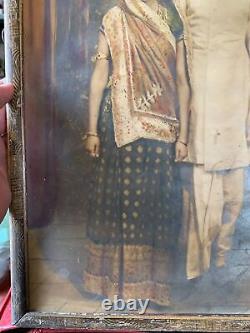 Antique Original Indian Man And Woman Black And White Tinted Photograph Framed