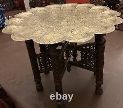 Antique Ornate Indian Benares Side Table Brass Figural Engraved Top Carved base