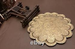 Antique Ornate Indian Benares Side Table Brass Figural Engraved Top Carved base