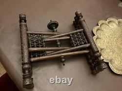 Antique Ornate Indian Benares Side Table Brass Figural Engraved Top Carved base