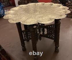 Antique Ornate Indian Benares Side Table Brass Figural Engraved Top Carved base