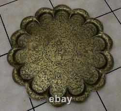 Antique Ornate Indian Benares Side Table Brass Figural Engraved Top Carved base