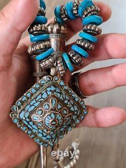 Antique Pendant Vintage Rare Indian Silver Woman Necklace Jewelry Blue Stone