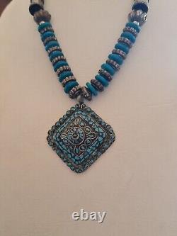 Antique Pendant Vintage Rare Indian Silver Woman Necklace Jewelry Blue Stone