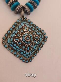 Antique Pendant Vintage Rare Indian Silver Woman Necklace Jewelry Blue Stone