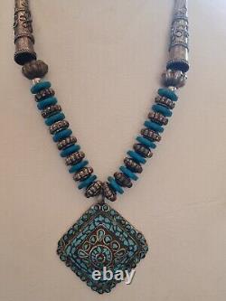 Antique Pendant Vintage Rare Indian Silver Woman Necklace Jewelry Blue Stone