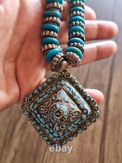 Antique Pendant Vintage Rare Indian Silver Woman Necklace Jewelry Blue Stone