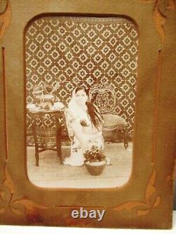 Antique Photograph Vintage Indian Lady Woman In Sari Flower Pot Carved Chair 18