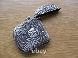 Antique Sterling Silver 925, Native American Indian Chief, Match Vesta Case