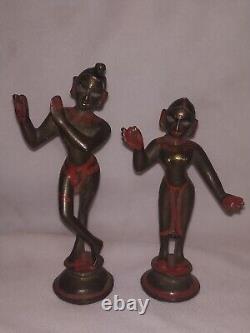 Antique Traditional Indian Bronze Statue Pair Of God Krishna And Radha Flute