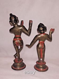 Antique Traditional Indian Bronze Statue Pair Of God Krishna And Radha Flute