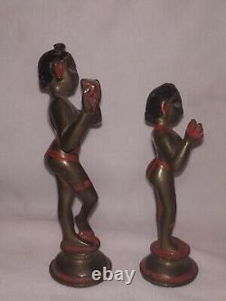 Antique Traditional Indian Bronze Statue Pair Of God Krishna And Radha Flute