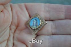 Antique Victorian handpainted Indian princess miniature portrait button stud vtg