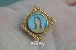 Antique Victorian handpainted Indian princess miniature portrait button stud vtg