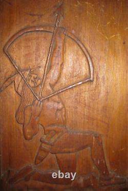 Antique Vintage American Folk Art Art Deco Indian Wood Carving Hunter Archer