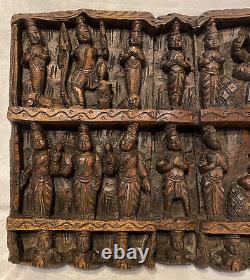 Antique Vintage Asian Wood Relief Carving Plaque Figures Hindu Lakshmi 18x9
