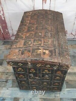 Antique Vintage Authentic Hand Painted Floral Indian Wooden Dowry Chest Trunk