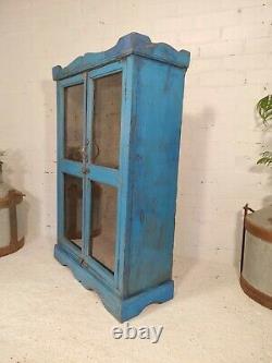Antique Vintage Blue Indian Solid Wooden Glazed Display Bathroom Kitchen Cabinet