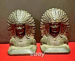 Antique Vintage Bronze Native American Indian War Chief Bookends