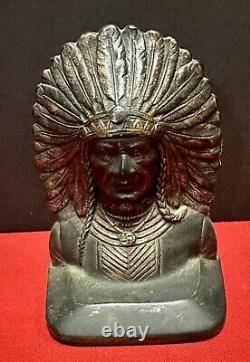 Antique Vintage Bronze Native American Indian War Chief Bookends