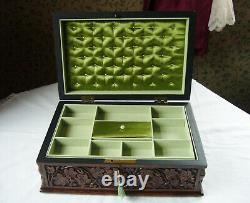 Antique Vintage Carved Anglo Indian Jewellery Box With Green Interior 12