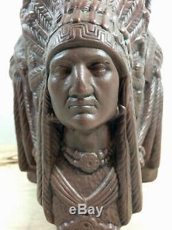 Antique Vintage Chalkware Bust Humidor, 3 Indian Chiefs Tabacco Jar, Excellent