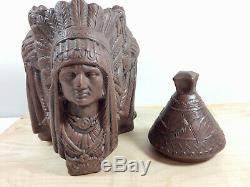 Antique Vintage Chalkware Bust Humidor, 3 Indian Chiefs Tabacco Jar, Excellent