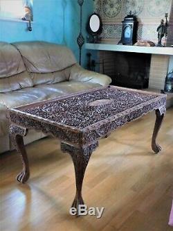 Antique Vintage Coffee Table Anglo Indian Hand Carved Wood Table Oriental