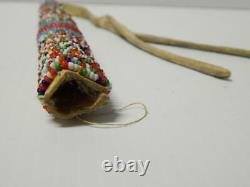 Antique Vintage Crow N. Plains Indian Beaded Awl Case Sinew Sewn White Hearts
