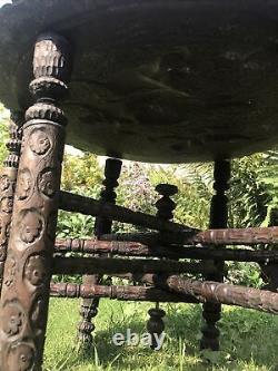 Antique Vintage Ethnic Wood brass carved coffee side table Of Indian Origin