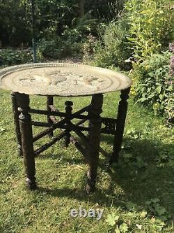 Antique Vintage Ethnic Wood brass carved coffee side table Of Indian Origin