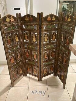 Antique Vintage Hand Painted Indian Rajasthani 4 Panel Screen